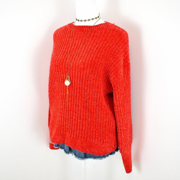 Poof Apparel Red Orange Chenille Knit Long Sleeve Sweater Sz Large Whimsy Grunge - Picture 2 of 6